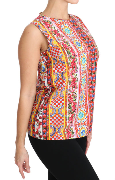 Carretto Print Pure Cotton Tank Top Floral Blouse