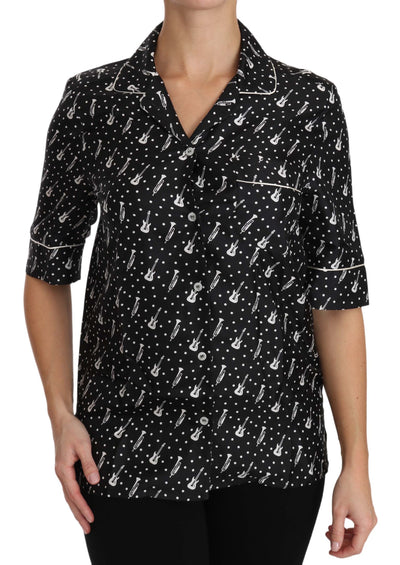 Black Guitar & Trumpet Print Silk Shirt Top