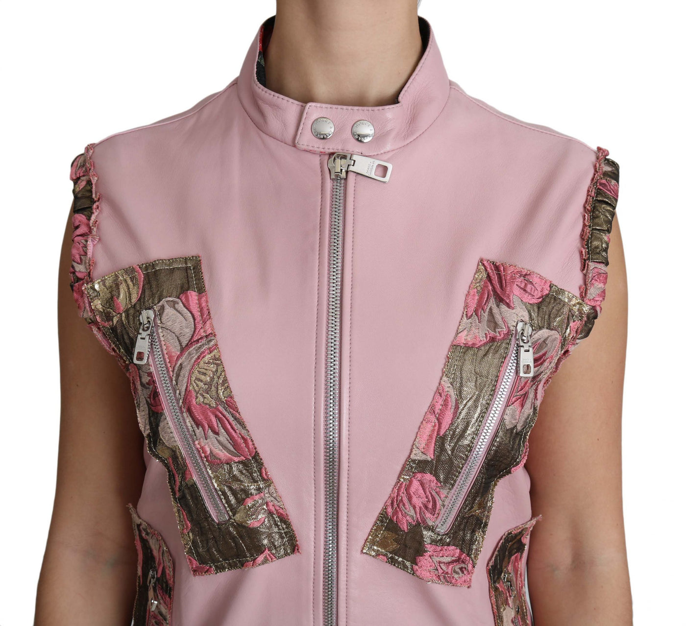 Pink Zippered Lamb Sleeveless Vest Leather Jacket