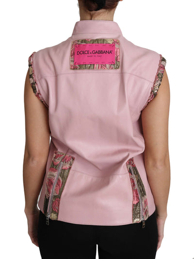 Pink Zippered Lamb Sleeveless Vest Leather Jacket