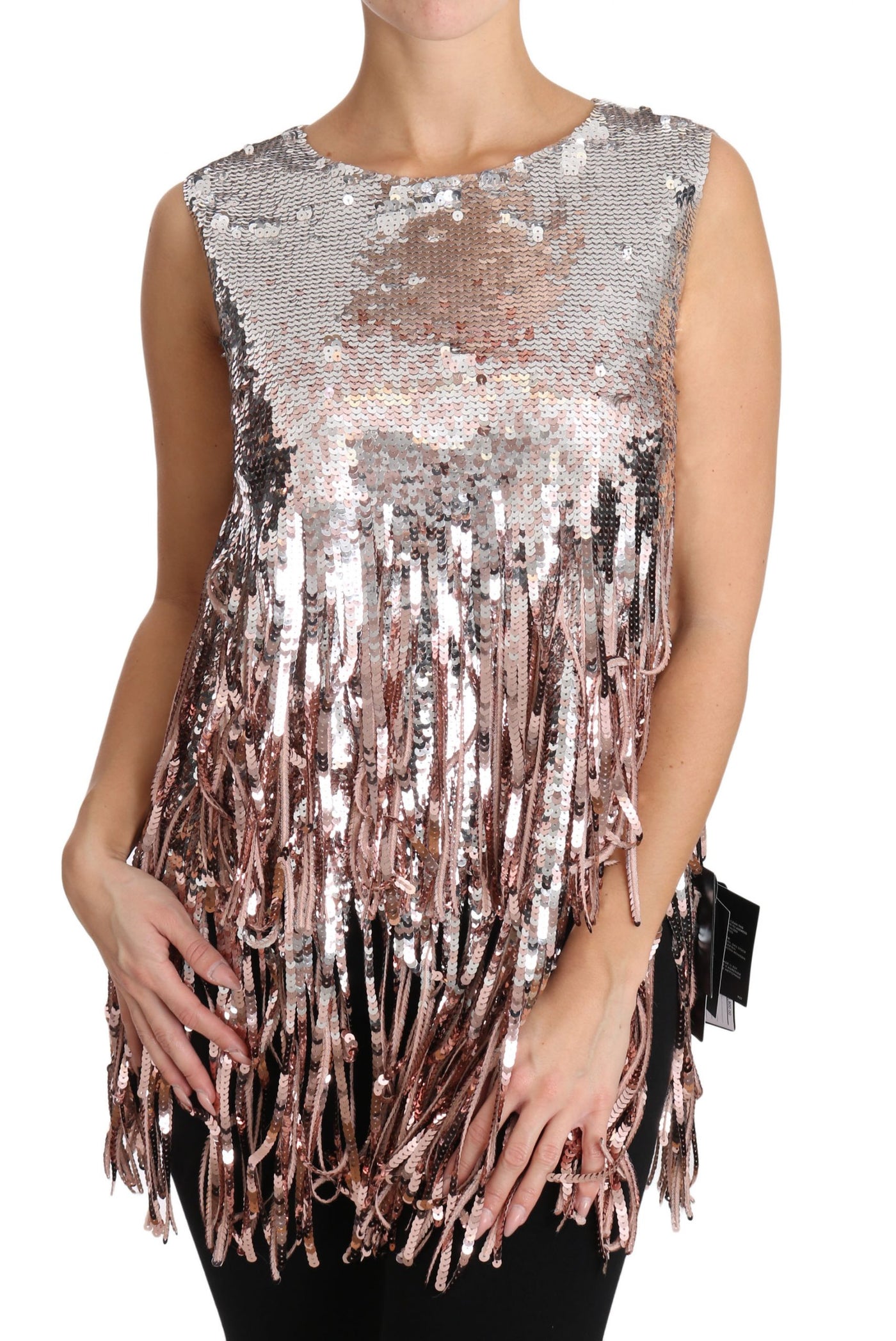 Golden Pink Sequined Fringe Tank Top