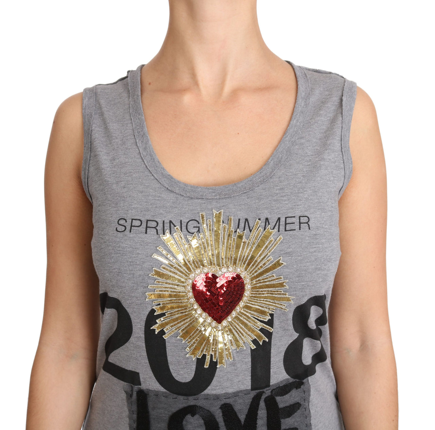 Gray Tank Top Crystal Sequined Heart  T-shirt