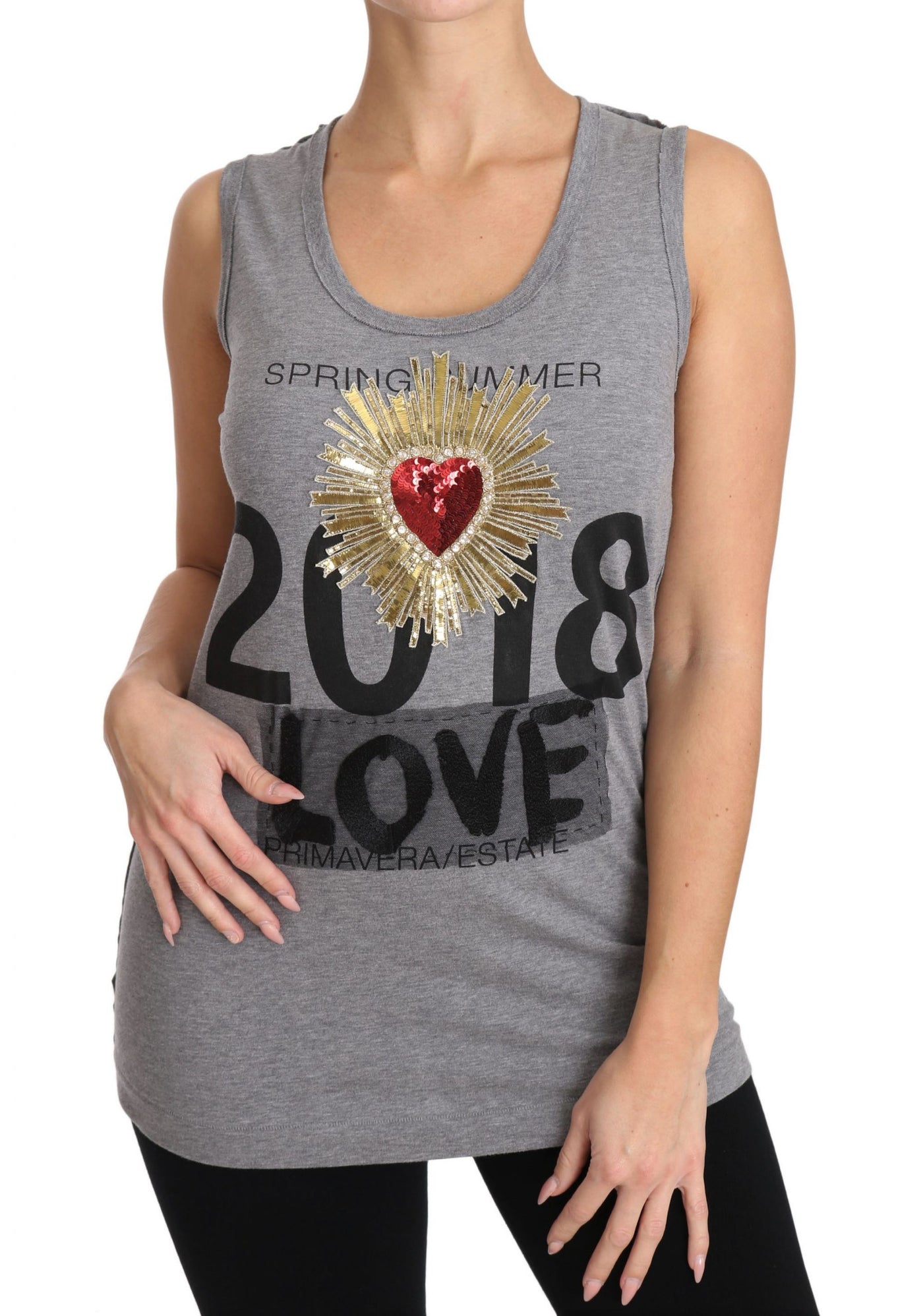 Gray Tank Top Crystal Sequined Heart  T-shirt