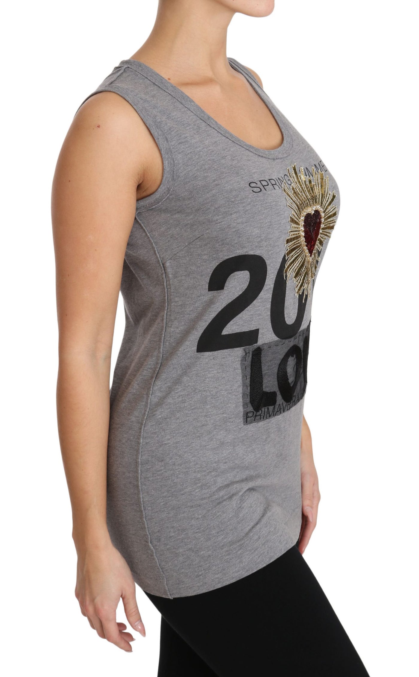 Gray Tank Top Crystal Sequined Heart  T-shirt