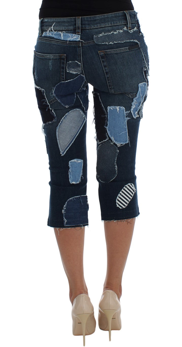 Stretch Blue Patchwork Jeans Shorts