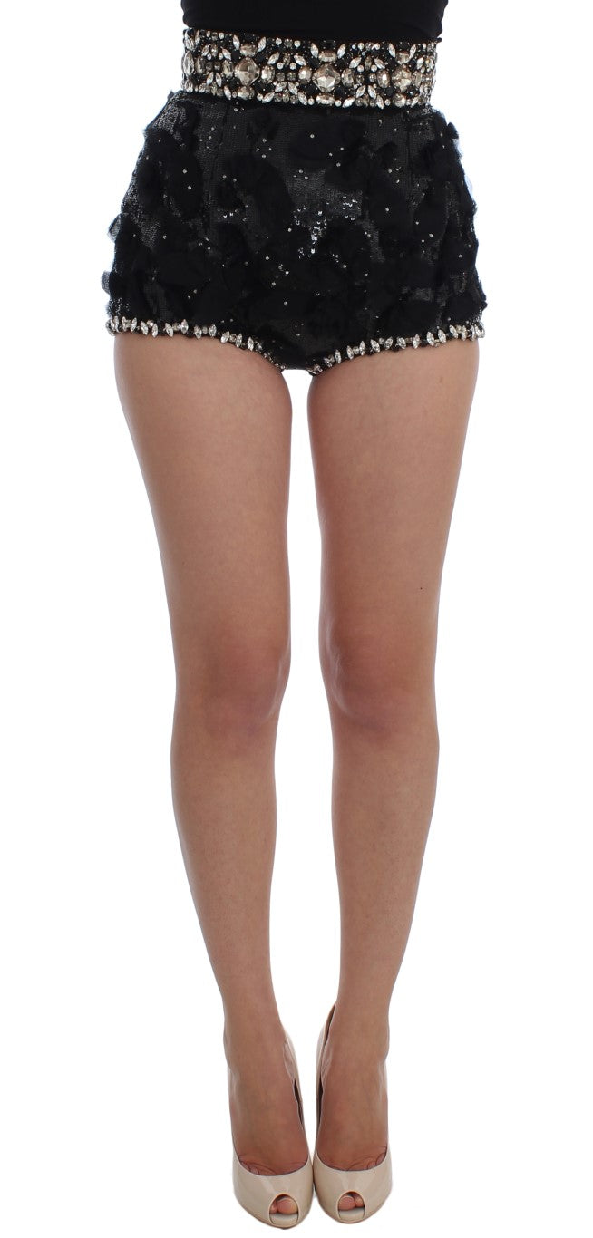 Black Crystal Sequined Mini Shorts