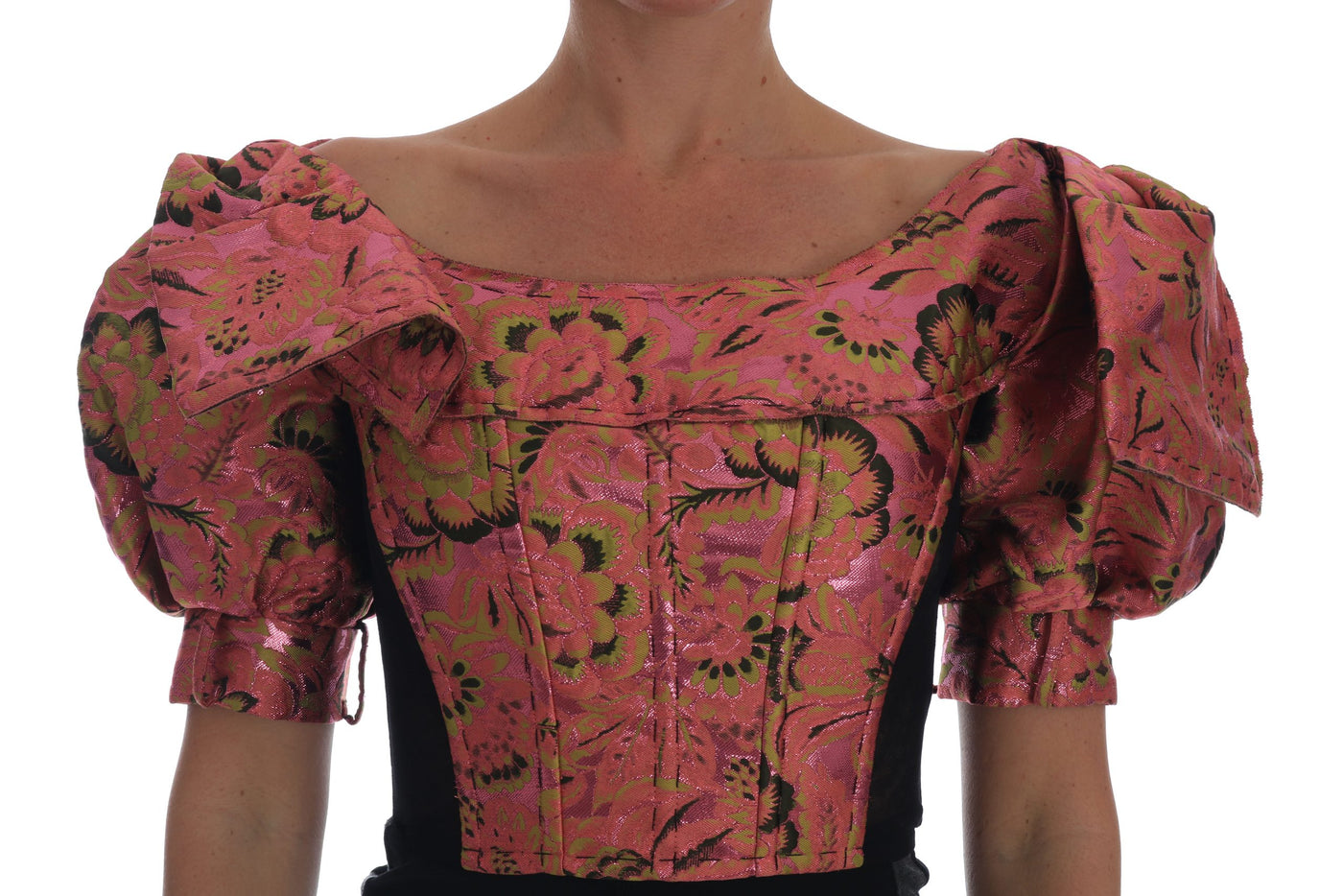 Pink Puff Sleeve  Brocade Cropped Top