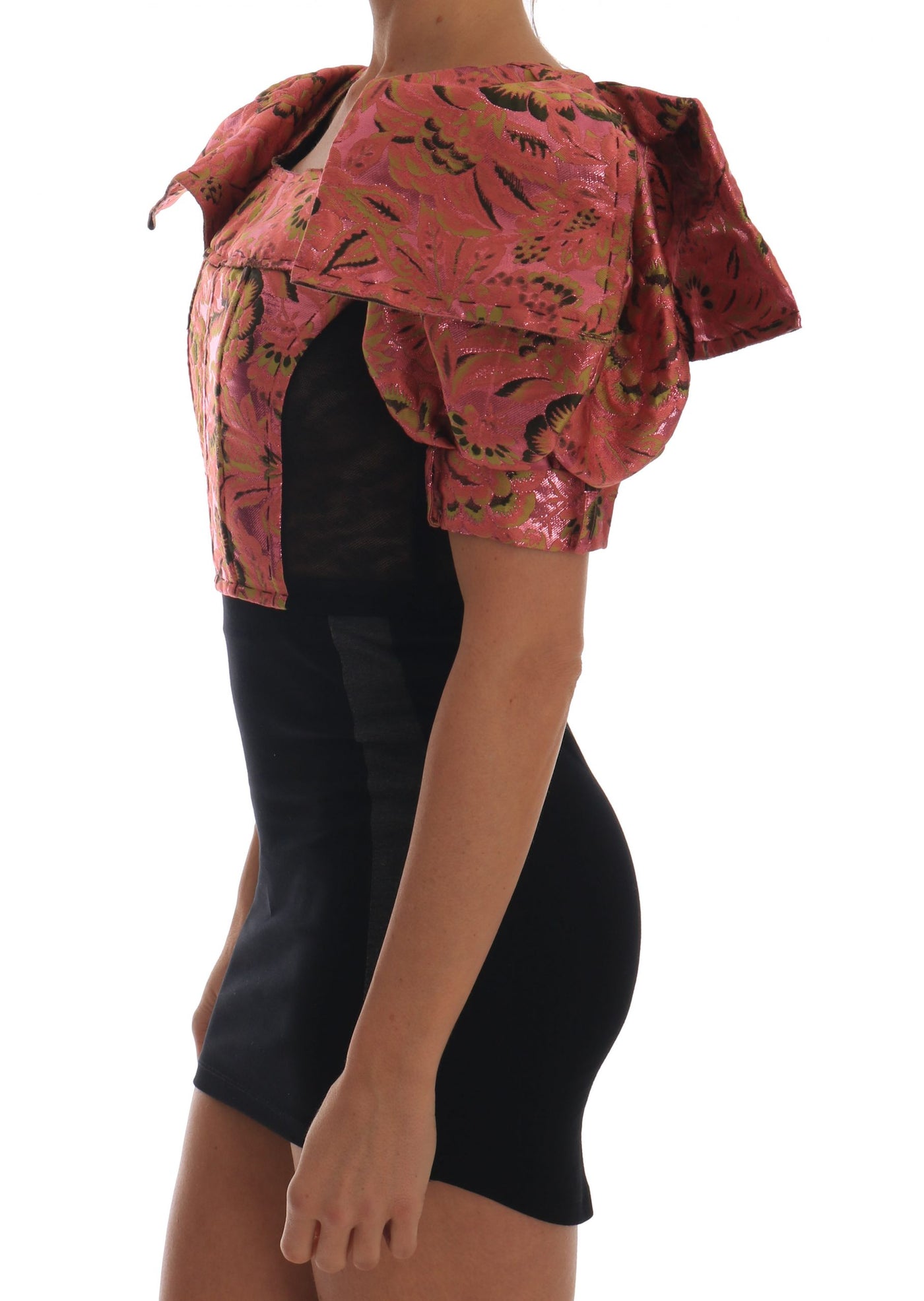 Pink Puff Sleeve  Brocade Cropped Top