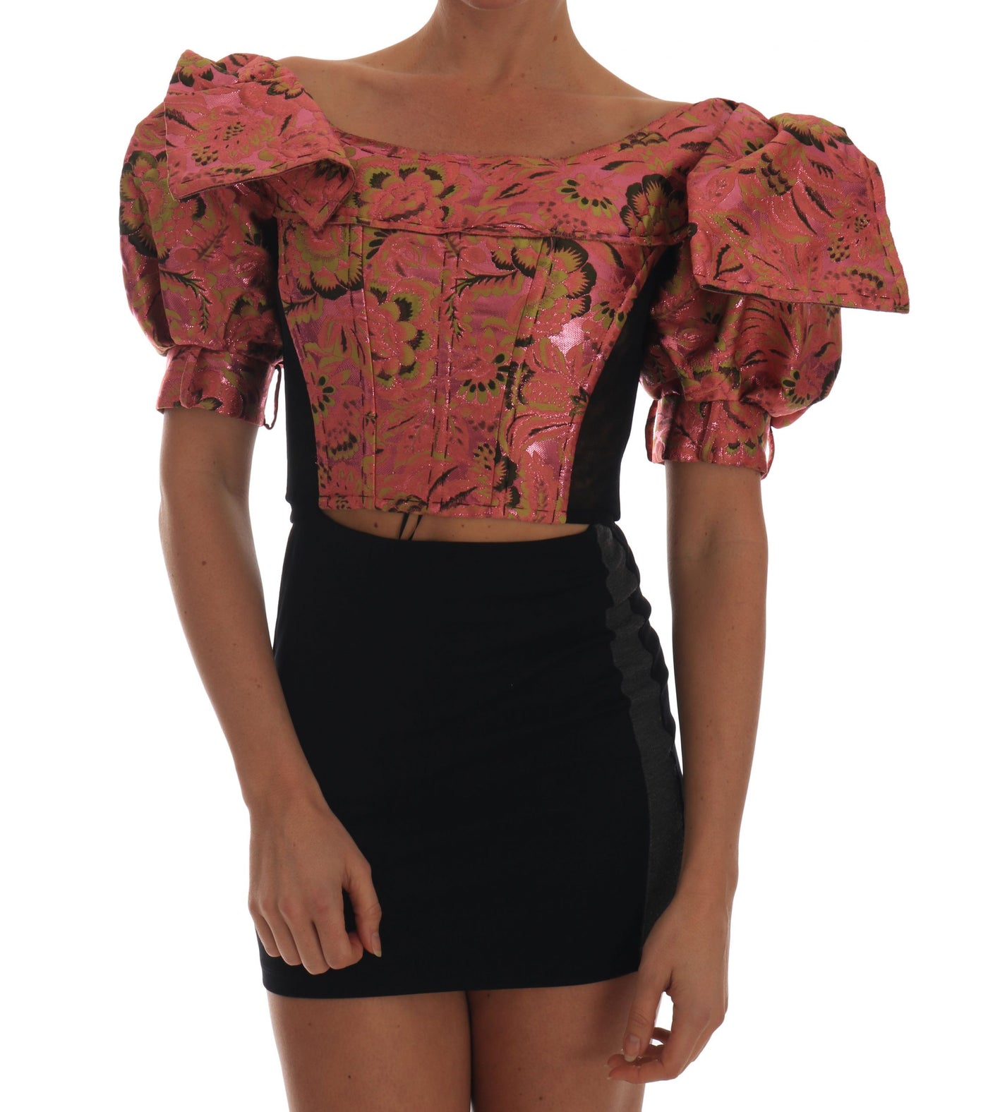 Pink Puff Sleeve  Brocade Cropped Top