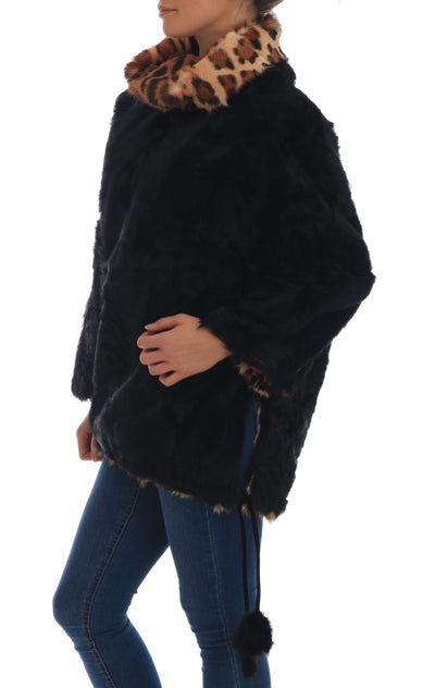 Black Lamb Leopard Print Fur Coat Jacket