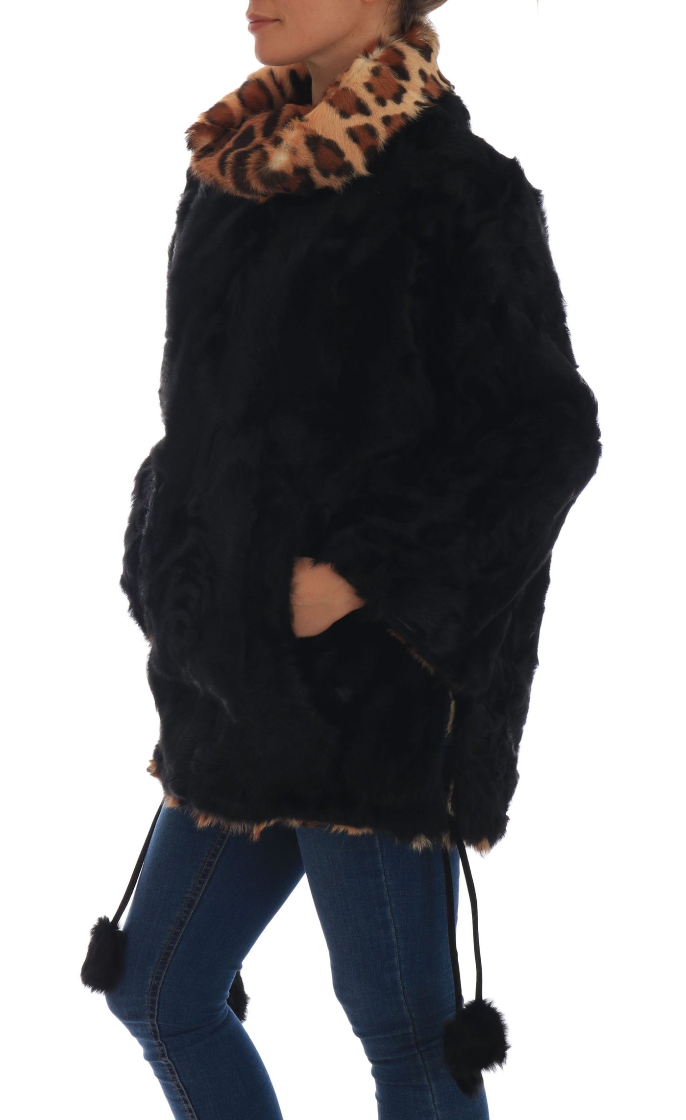 Black Lamb Leopard Print Fur Coat Jacket