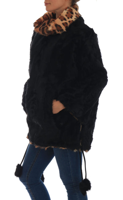 Black Lamb Leopard Print Fur Coat Jacket