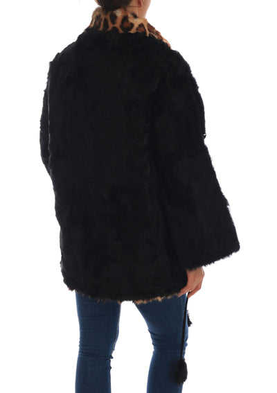 Black Lamb Leopard Print Fur Coat Jacket