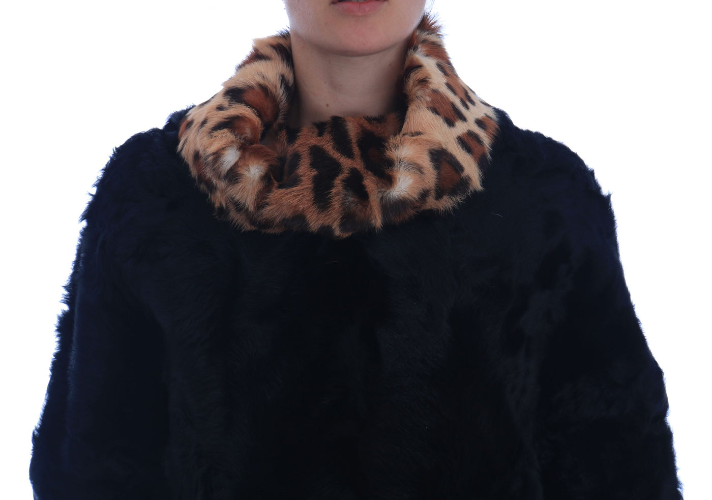 Black Lamb Leopard Print Fur Coat Jacket