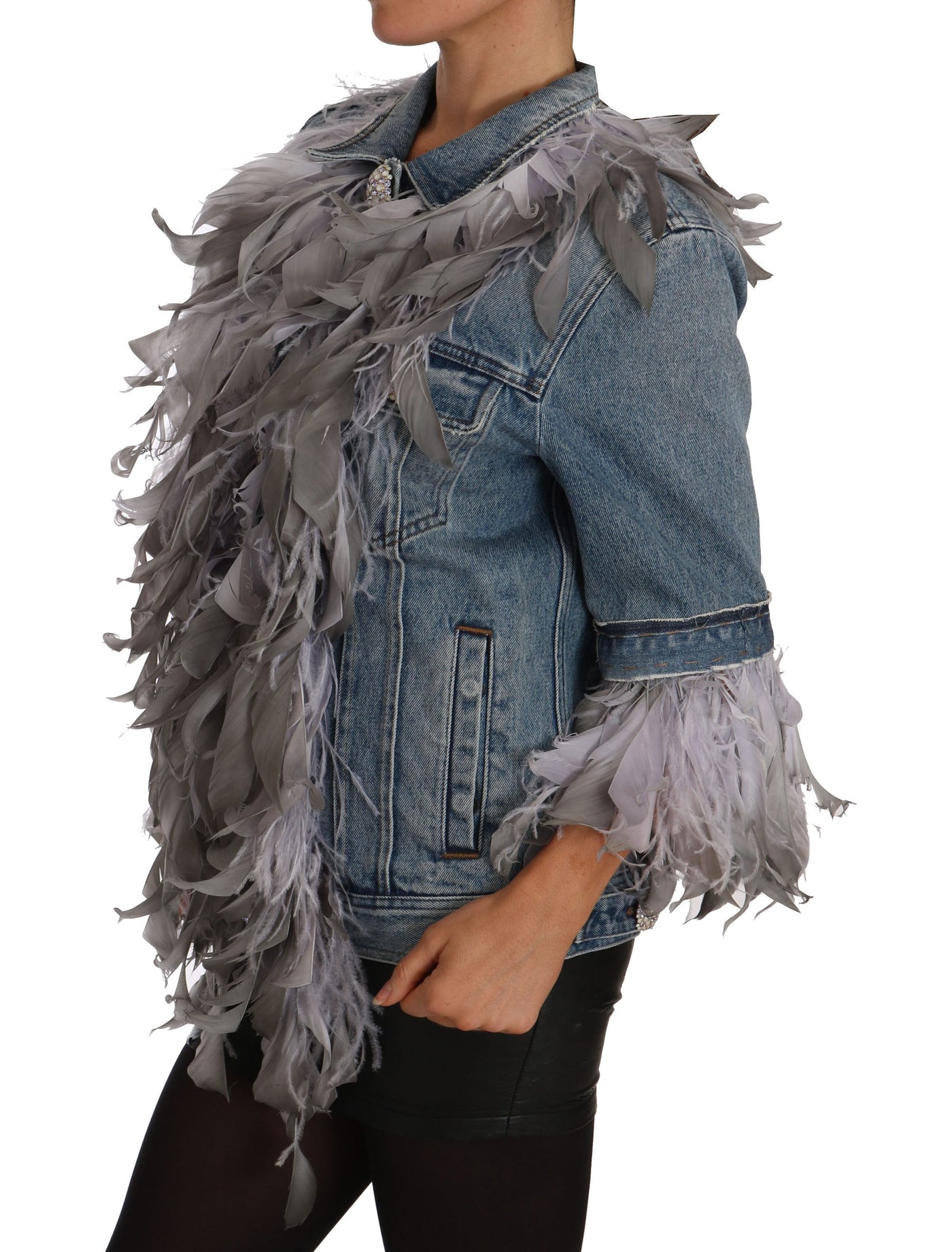 Denim Jacket Feathers Embellished Buttons