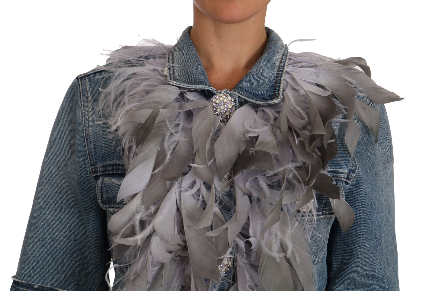 Denim Jacket Feathers Embellished Buttons