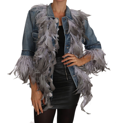 Denim Jacket Feathers Embellished Buttons