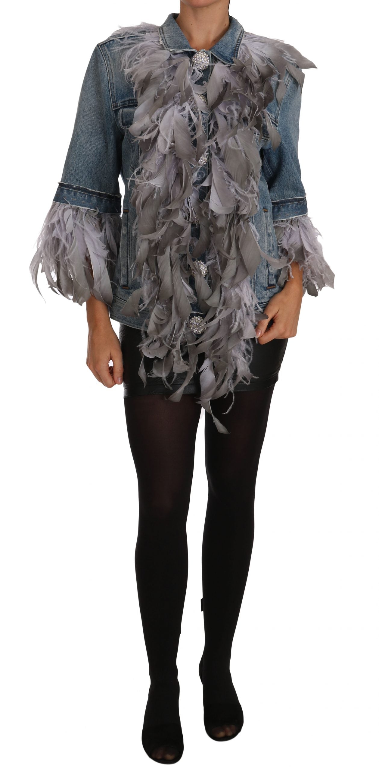 Denim Jacket Feathers Embellished Buttons