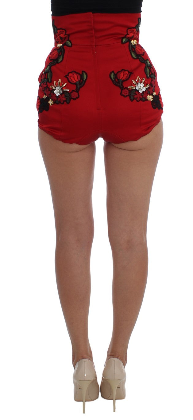 Red Silk Crystal Roses Shorts