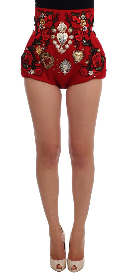 Red Silk Crystal Roses Shorts