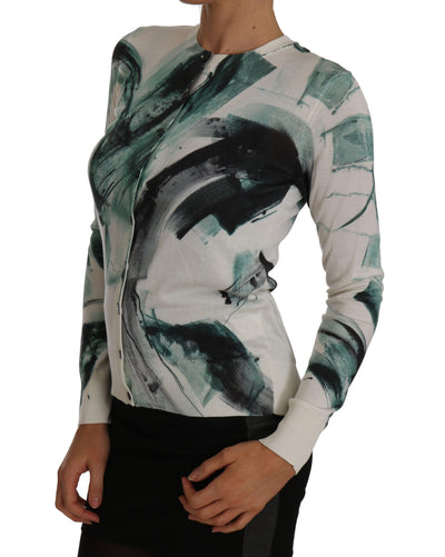 White Silk Cardigan Lightweight Paint Stroke Sweater