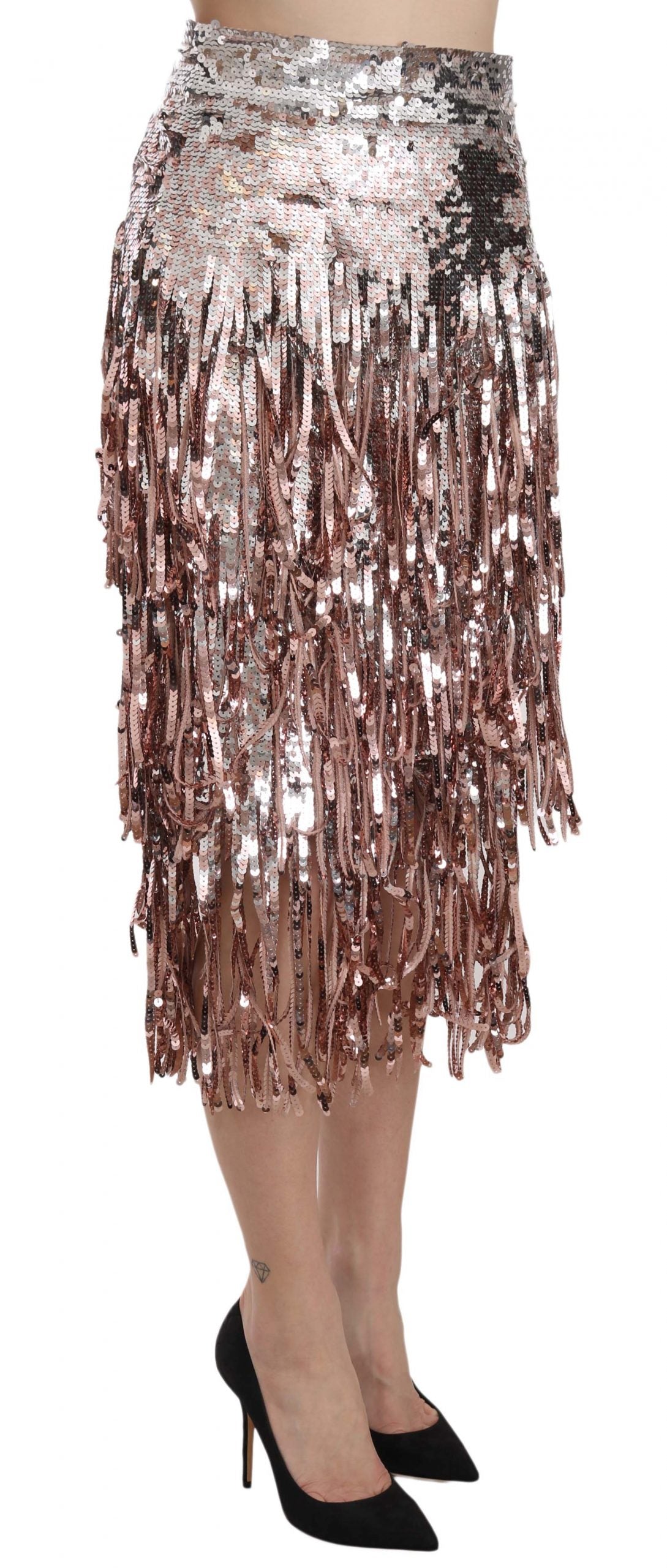 Sequin Embellished Fringe Midi Pencil Skirt