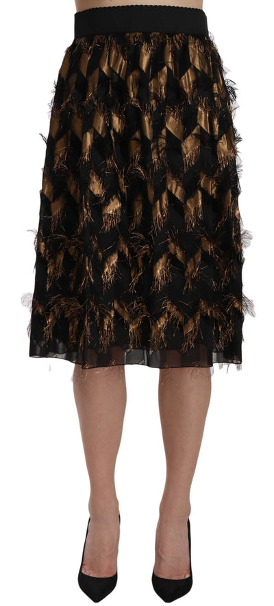 Black Gold Fringe Metallic Pencil A-line Skirt