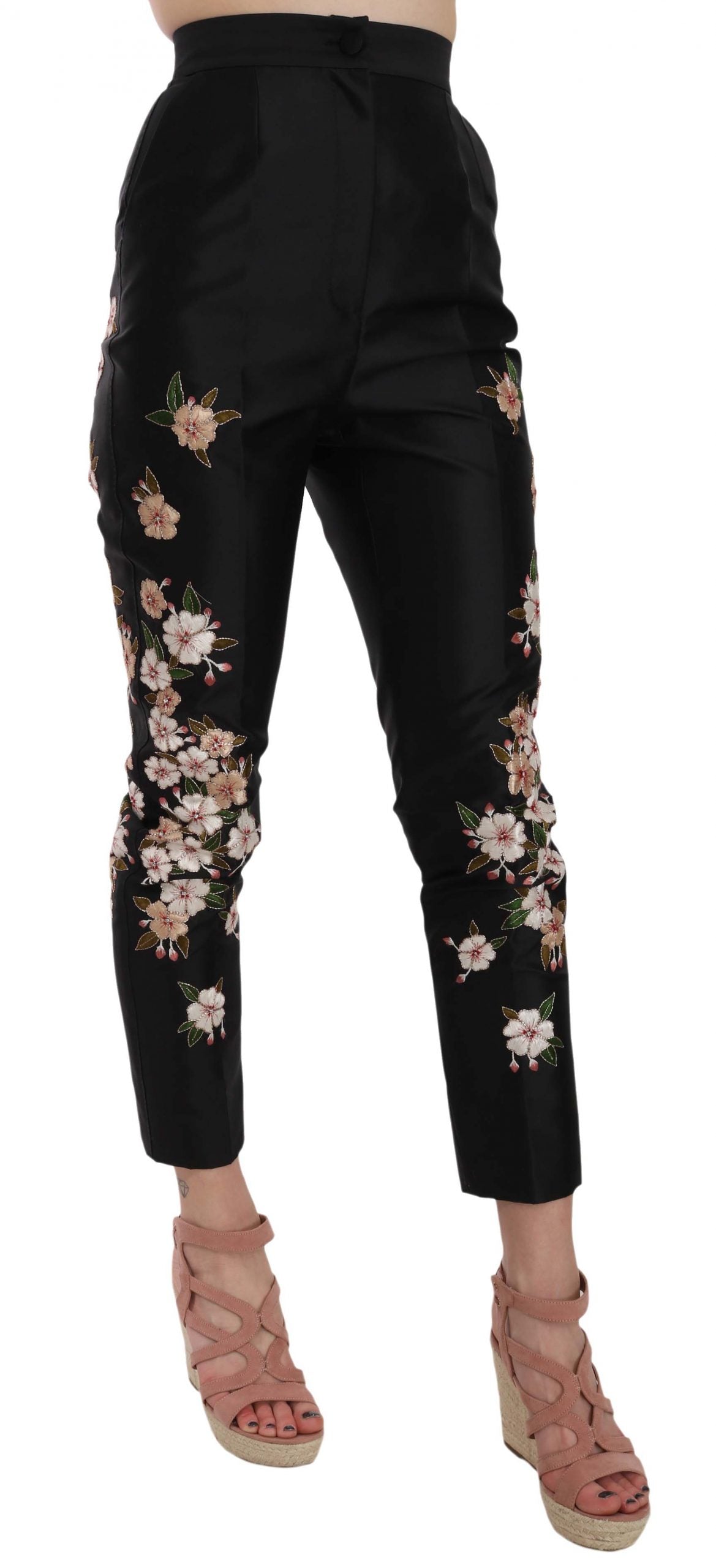 Black Silk Floral Embroidered Trousers Slim Pants