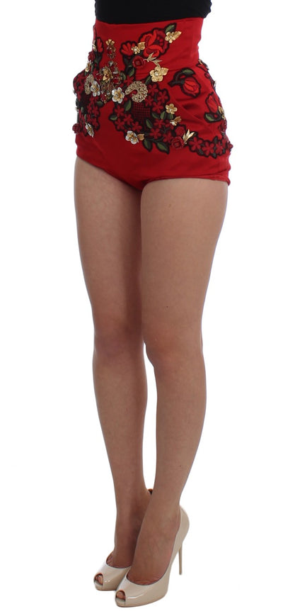 Red Silk Crystal Roses Shorts