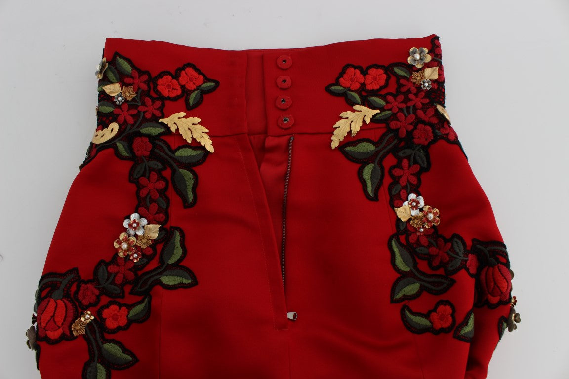 Red Silk Pearls Roses Shorts