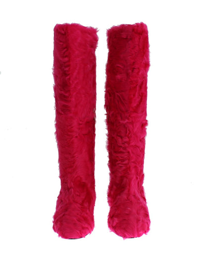 Pink Lamb Fur Leather Flat Boots