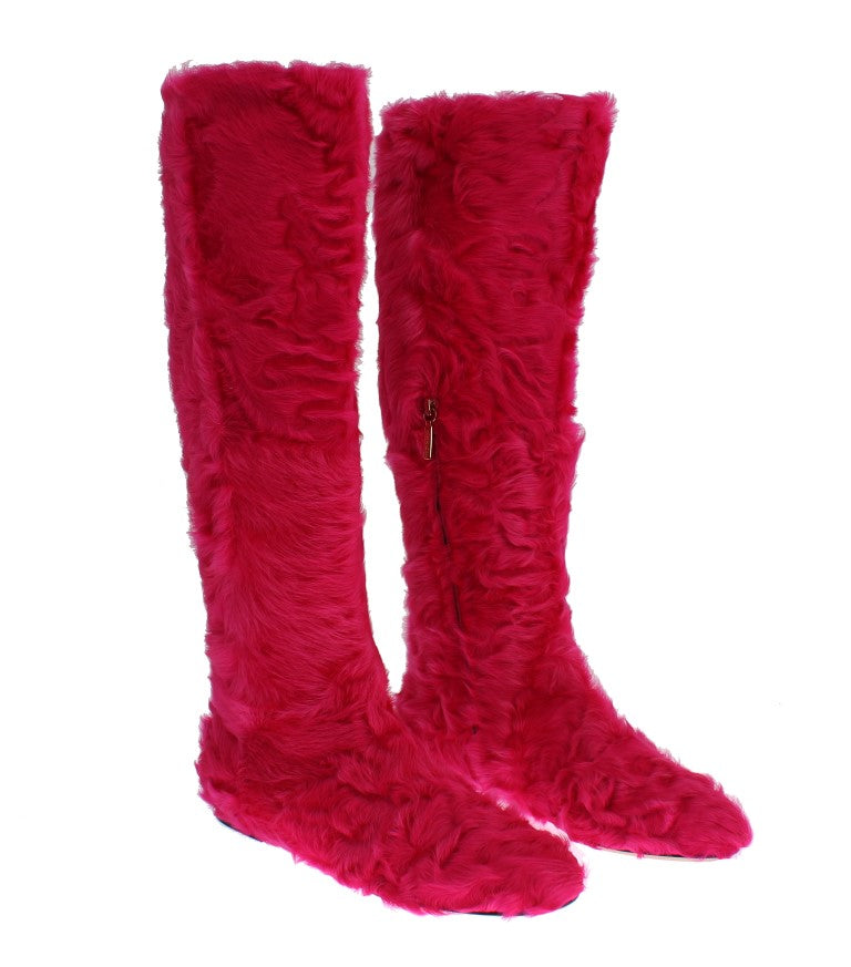 Pink Lamb Fur Leather Flat Boots