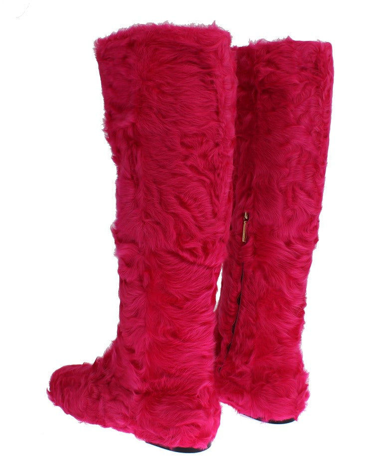 Pink Lamb Fur Leather Flat Boots