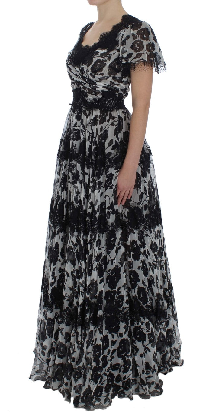 Black Silk Floral Lace Ricamo Ball Maxi Dress