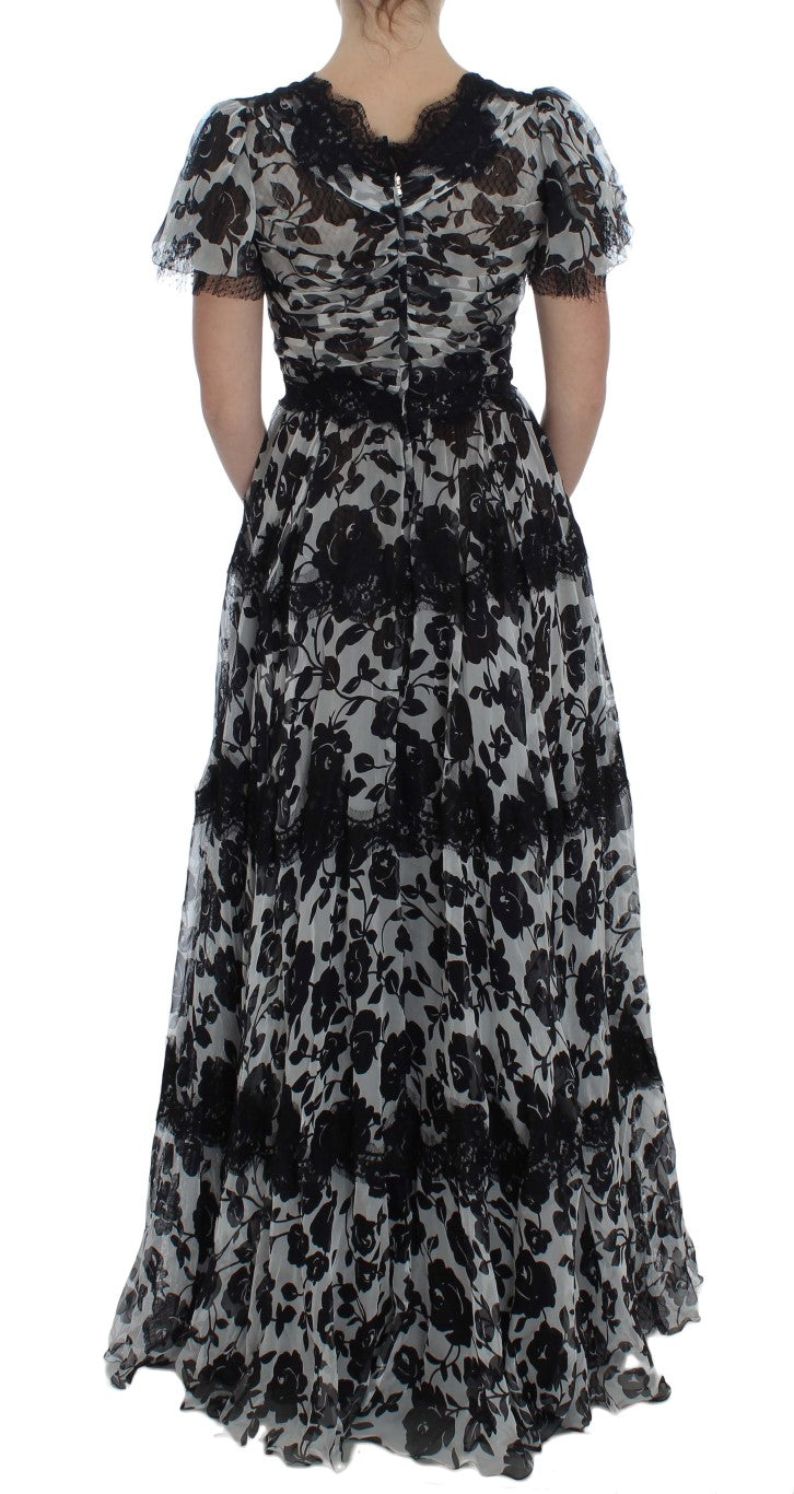 Black Silk Floral Lace Ricamo Ball Maxi Dress