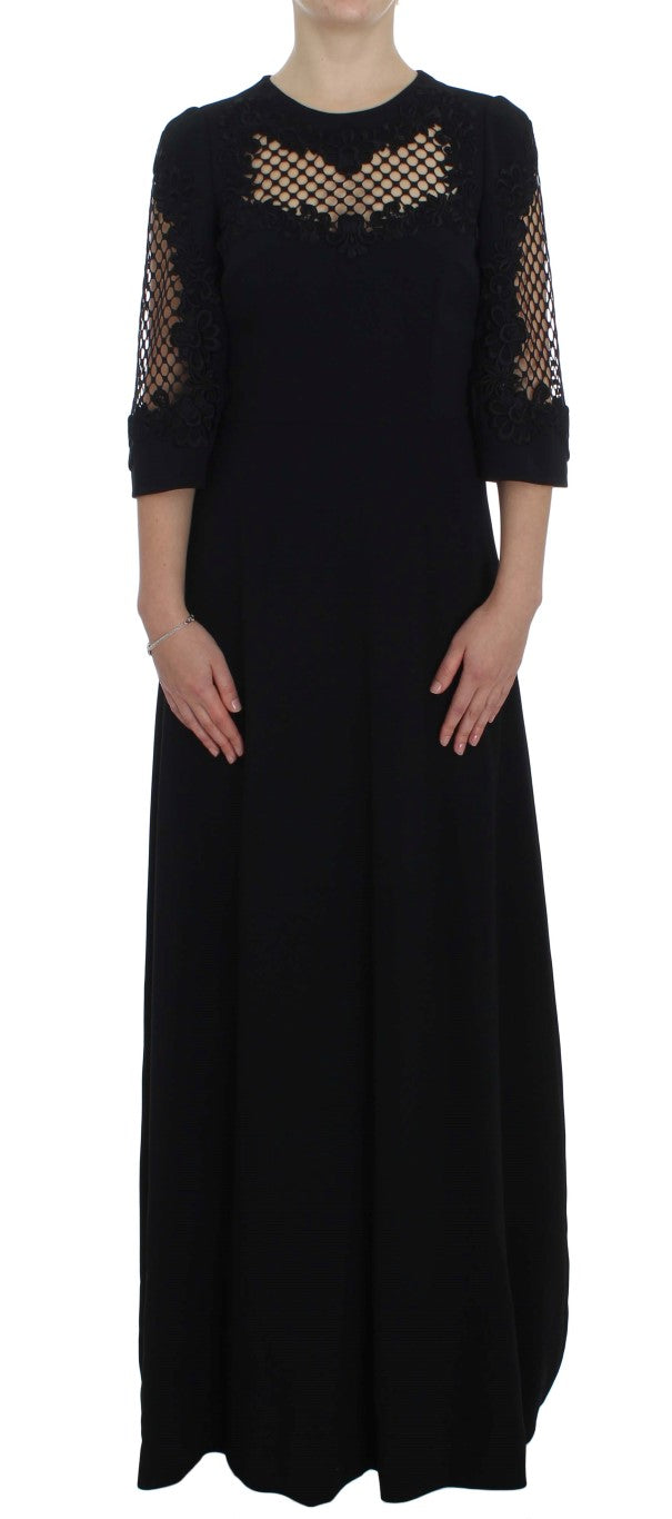 Black Ricamo Wool Stretch Maxi Dress