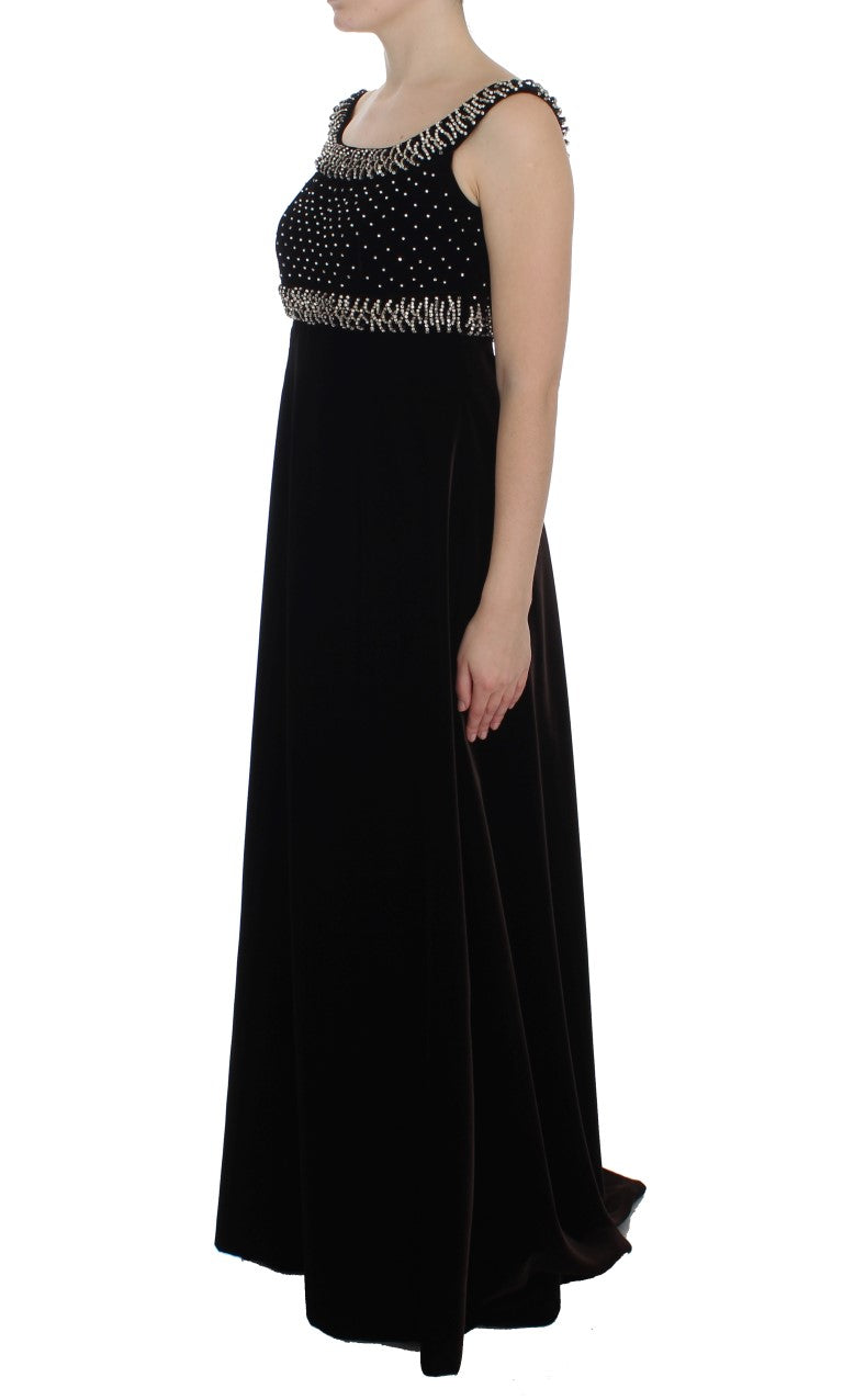 Brown Velvet Crystal Sheath Gown Dress