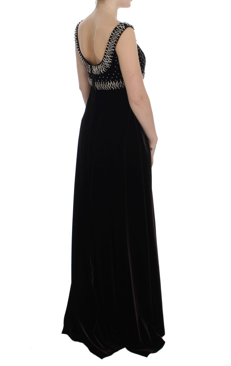 Brown Velvet Crystal Sheath Gown Dress