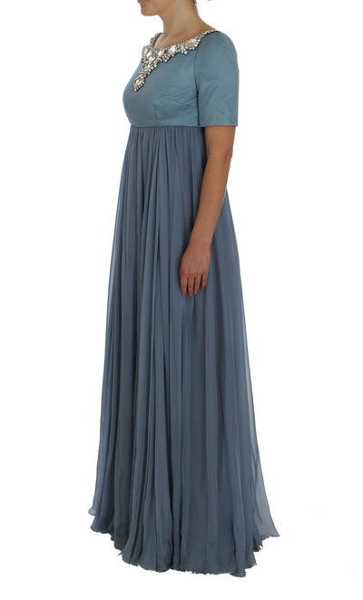 Blue Silk Crystal Sheath Gown Ball Dress