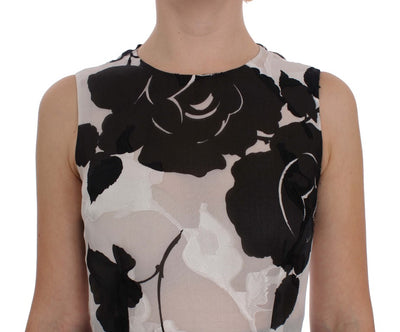 Black White Floral Silk Sheath Gown Dress