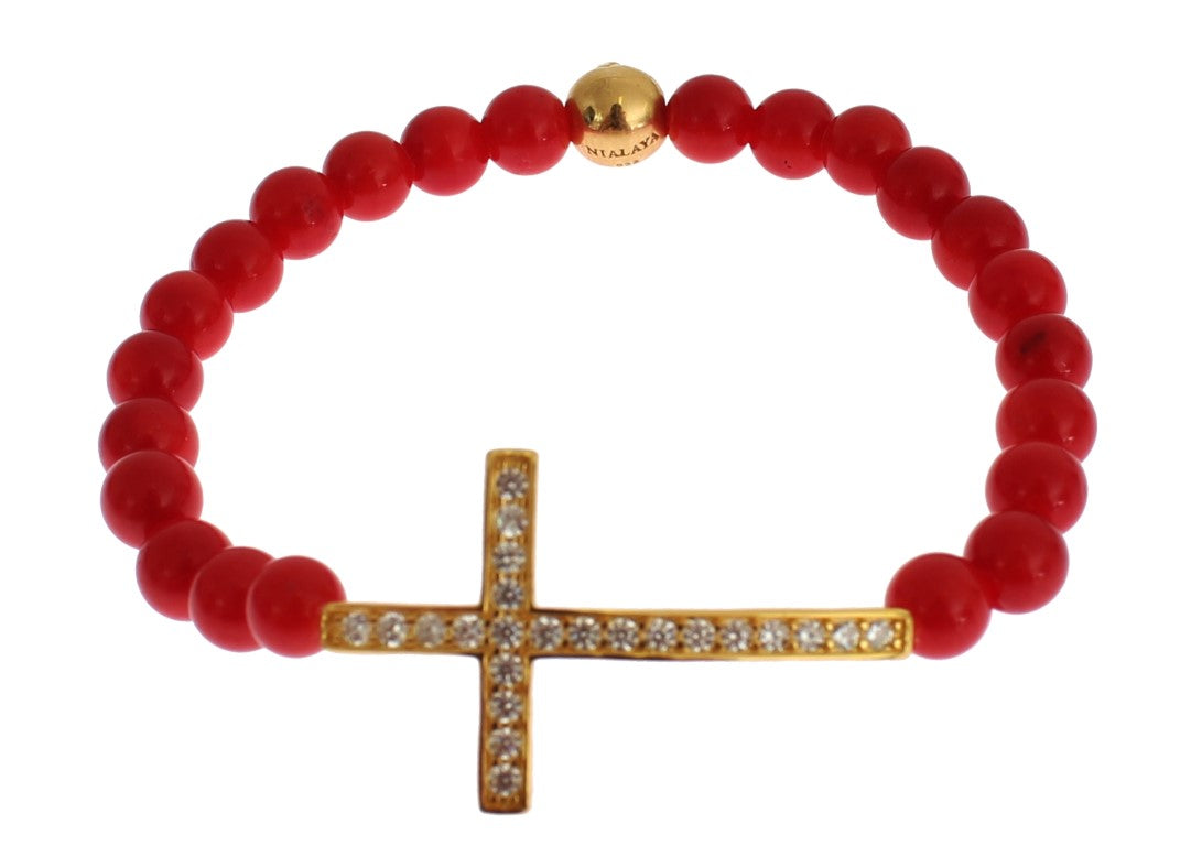 Red Coral Gold CZ Cross 925 Silver Bracelet