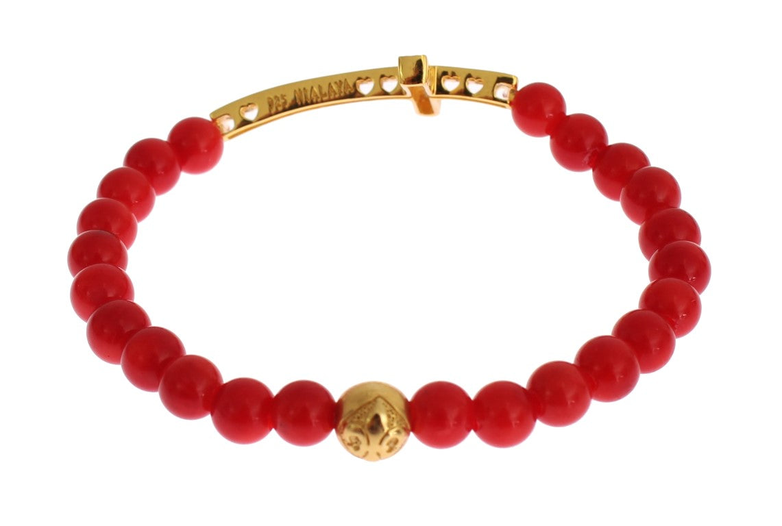 Red Coral Gold CZ Cross 925 Silver Bracelet