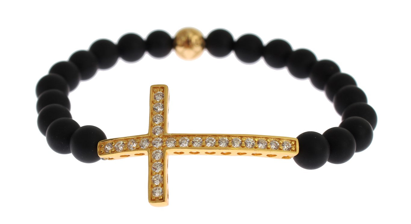 Matte Onyx Stone Gold CZ Cross 925 Silver Bracelet