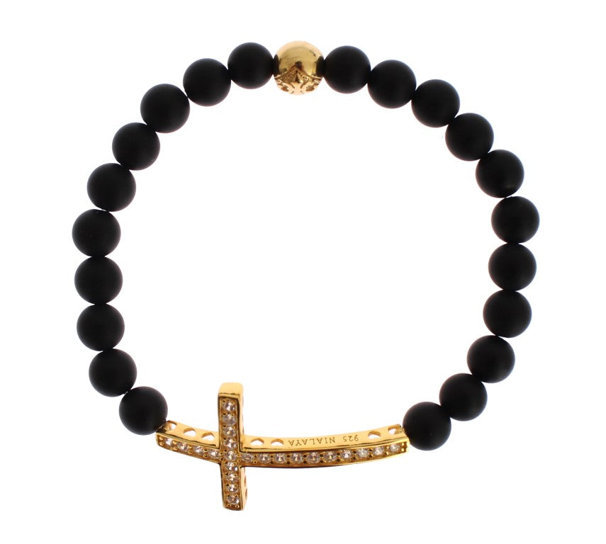 Matte Onyx Stone Gold CZ Cross 925 Silver Bracelet