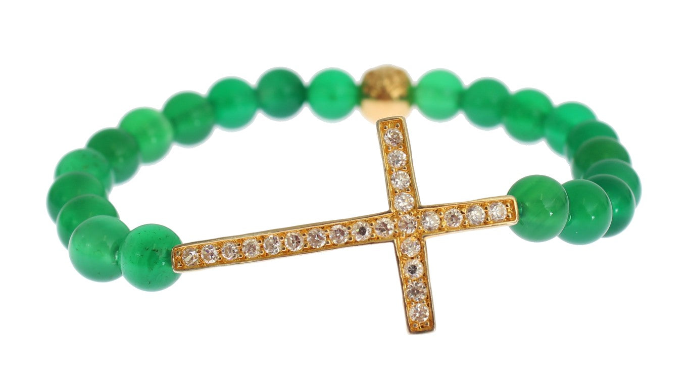 Jade Stone Gold CZ Cross 925 Silver Bracelet