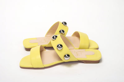 Bright Yellow Silver Wide Strap Studded Flat