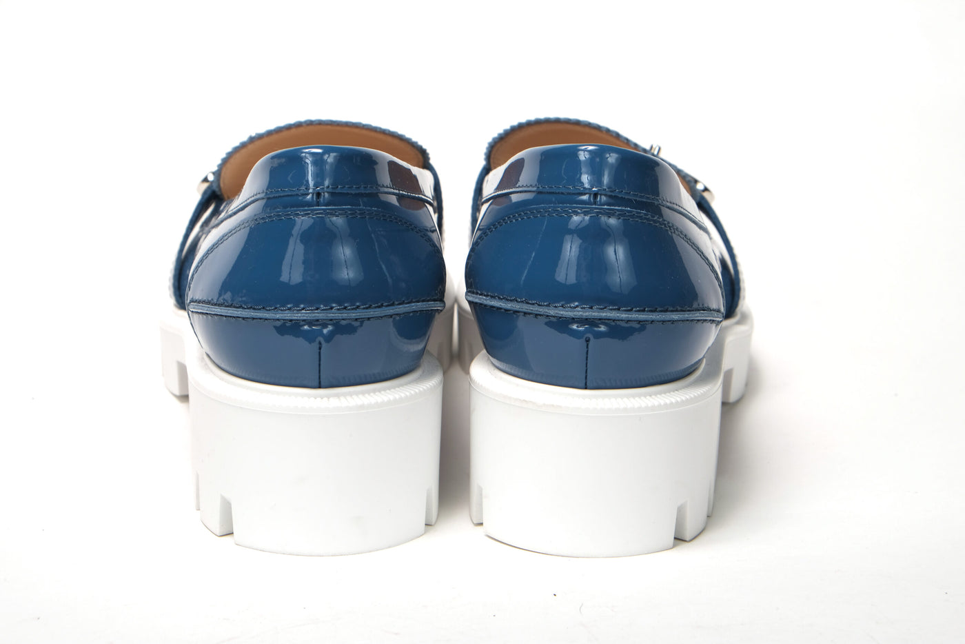 Blue And White Silver Logo Lock Boat Shoe