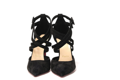 Black Velour Perforated Strappy High Heel Sandal 