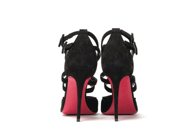 Black Velour Perforated Strappy High Heel Sandal 