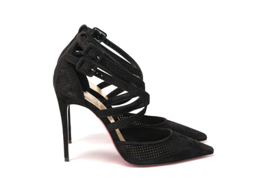 Black Velour Perforated Strappy High Heel Sandal 